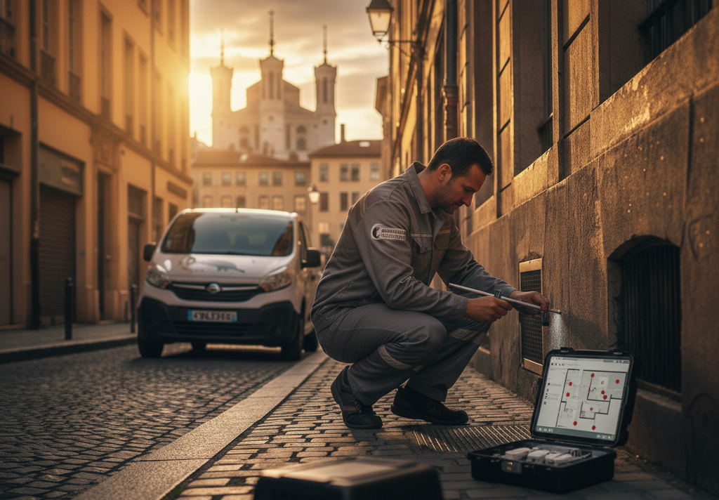 Technicien appliquant la lutte intégrée contre les nuisibles à Lyon